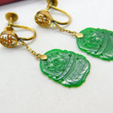14ct Yellow Gold Character Form Jade Screw-Back Drop Earrings Antique c1940