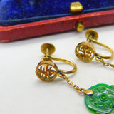 14ct Yellow Gold Character Form Jade Screw-Back Drop Earrings Antique c1940