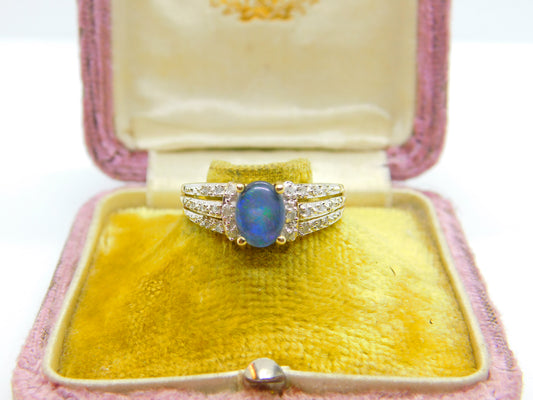 9ct Yellow Gold, Doublet Opal & Diamond Set Band Ring Vintage c1990 Sheffield