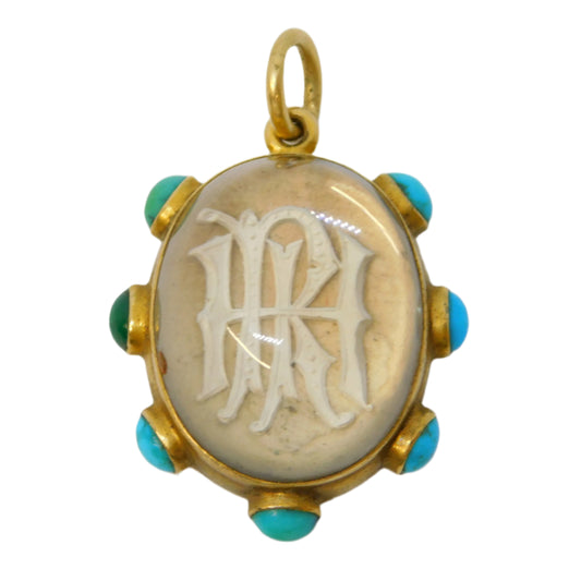 Victorian 18ct Gold, Turquoise, Essex Crystal 'IHR' Mourning Pendant Antique c1860