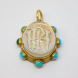 Victorian 18ct Gold, Turquoise, Essex Crystal 'IHR' Mourning Pendant Antique c1860