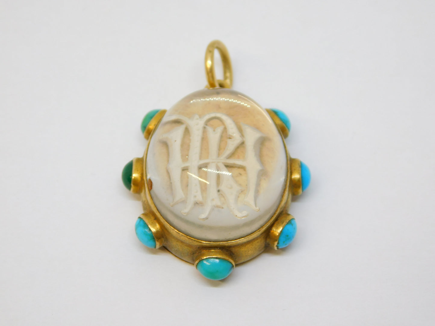 Victorian 18ct Gold, Turquoise, Essex Crystal 'IHR' Mourning Pendant Antique c1860