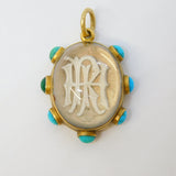 Victorian 18ct Gold, Turquoise, Essex Crystal 'IHR' Mourning Pendant Antique c1860