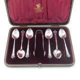 Boxed Set of Edwardian Sterling Silver Tea Spoons & Tongs 1905 Sheffield Antique
