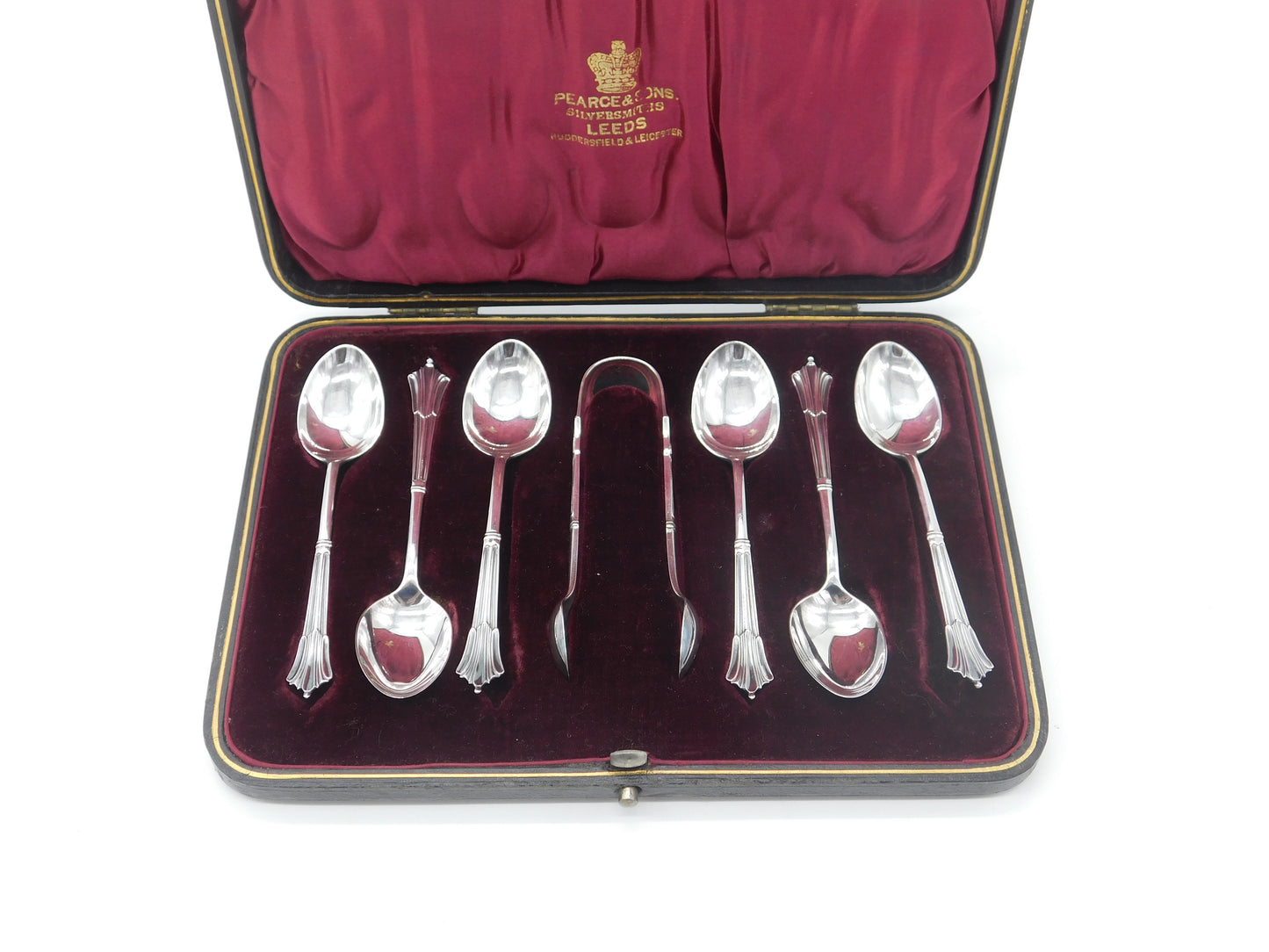 Boxed Set of Edwardian Sterling Silver Tea Spoons & Tongs 1905 Sheffield Antique