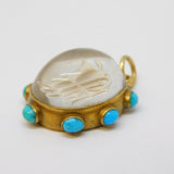 Victorian 18ct Gold, Turquoise, Essex Crystal 'IHR' Mourning Pendant Antique c1860