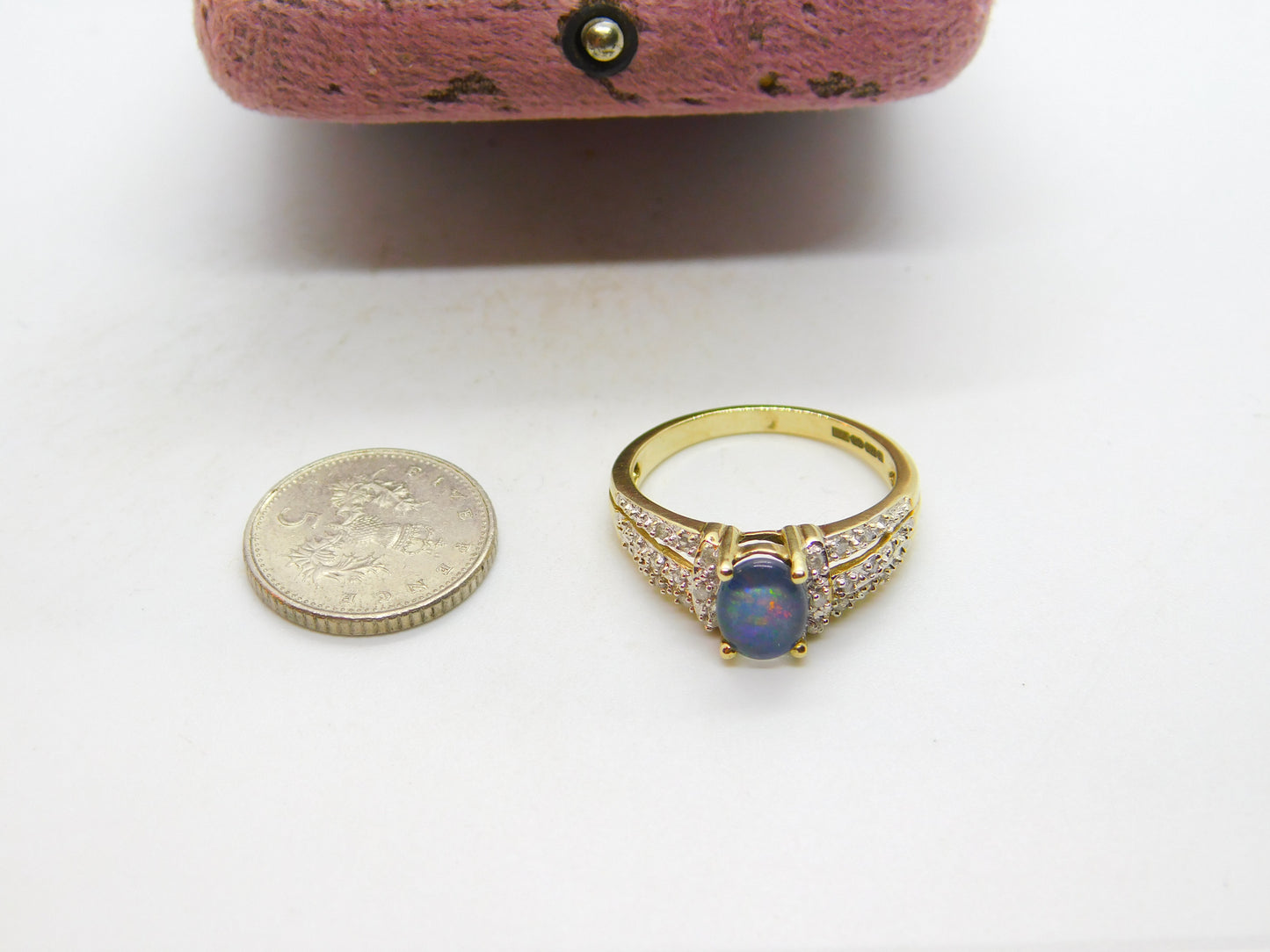 9ct Yellow Gold, Doublet Opal & Diamond Set Band Ring Vintage c1990 Sheffield