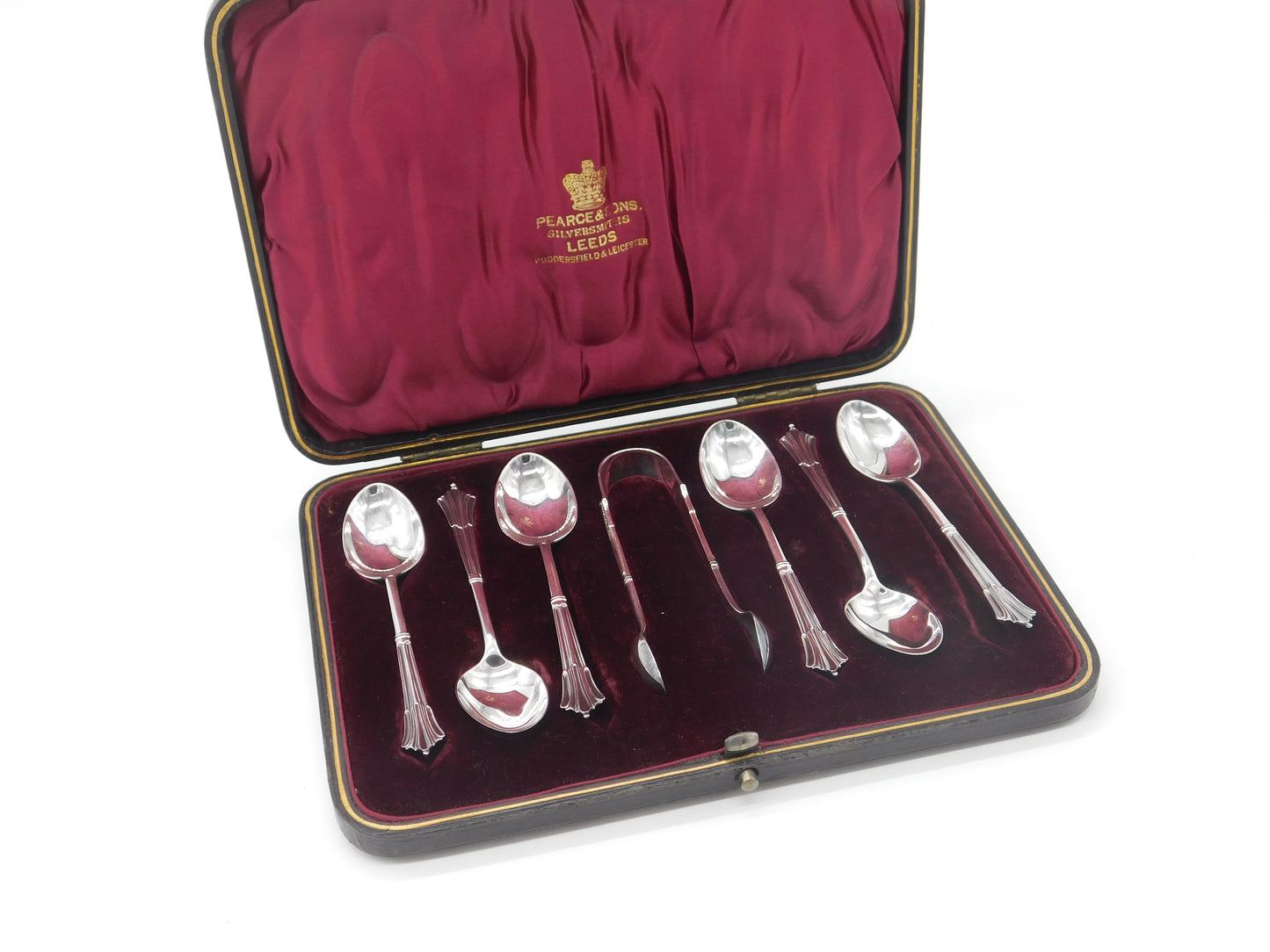 Boxed Set of Edwardian Sterling Silver Tea Spoons & Tongs 1905 Sheffield Antique