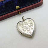 Edwardian Sterling Silver Floral Pattern Heart Locket Pendant 1910 Birmingham