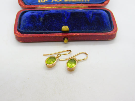 Pair of 9ct Yellow Gold & Green Peridot Set Hoop Hook Earrings Vintage c1960