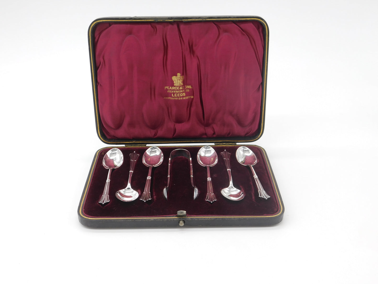 Boxed Set of Edwardian Sterling Silver Tea Spoons & Tongs 1905 Sheffield Antique