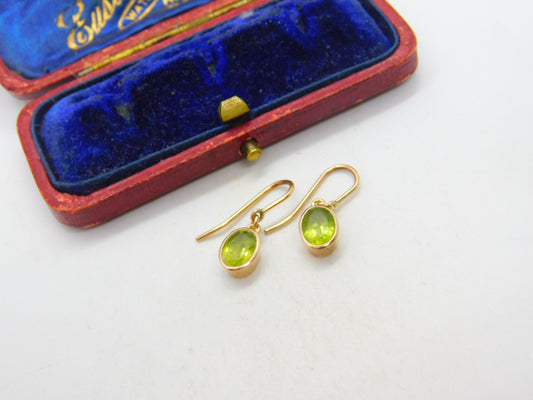 Pair of 9ct Yellow Gold & Green Peridot Set Hoop Hook Earrings Vintage c1960