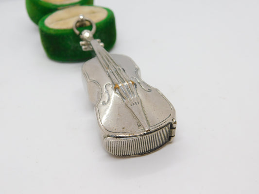 Silver Plated Novelty Violin Musical Vesta Case Antique c1920 Art Deco