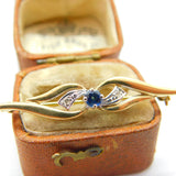9ct Yellow Gold, Sapphire & Diamond Bar Brooch 1979 Birmingham Vintage