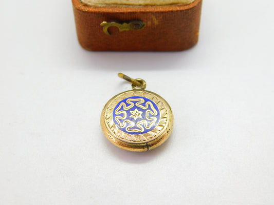 9ct Gold Cased Blue Enamel Floral Single Locket Pendant c1880 Antique Victorian