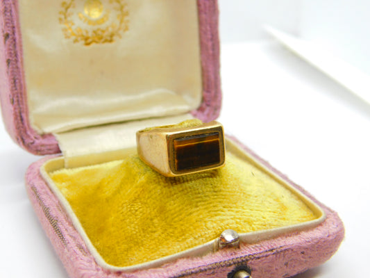 9ct Yellow Gold Modernist Tiger's Eye Set Signet Ring Vintage c1970