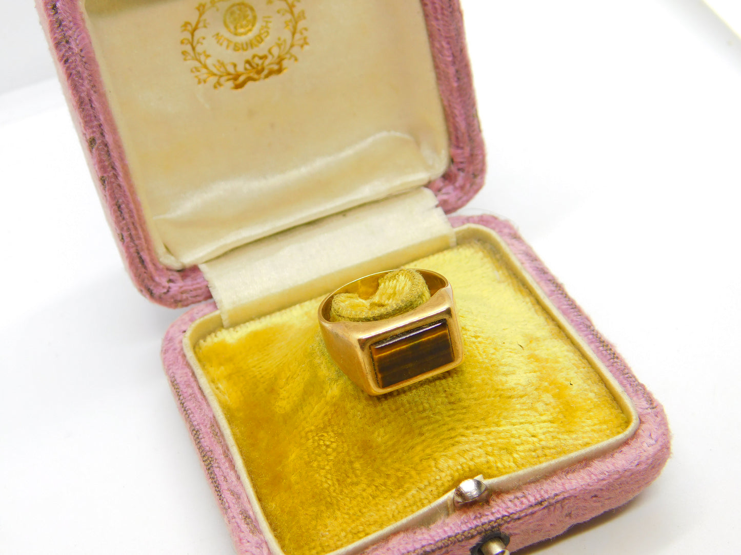 9ct Yellow Gold Modernist Tiger's Eye Set Signet Ring Vintage c1970