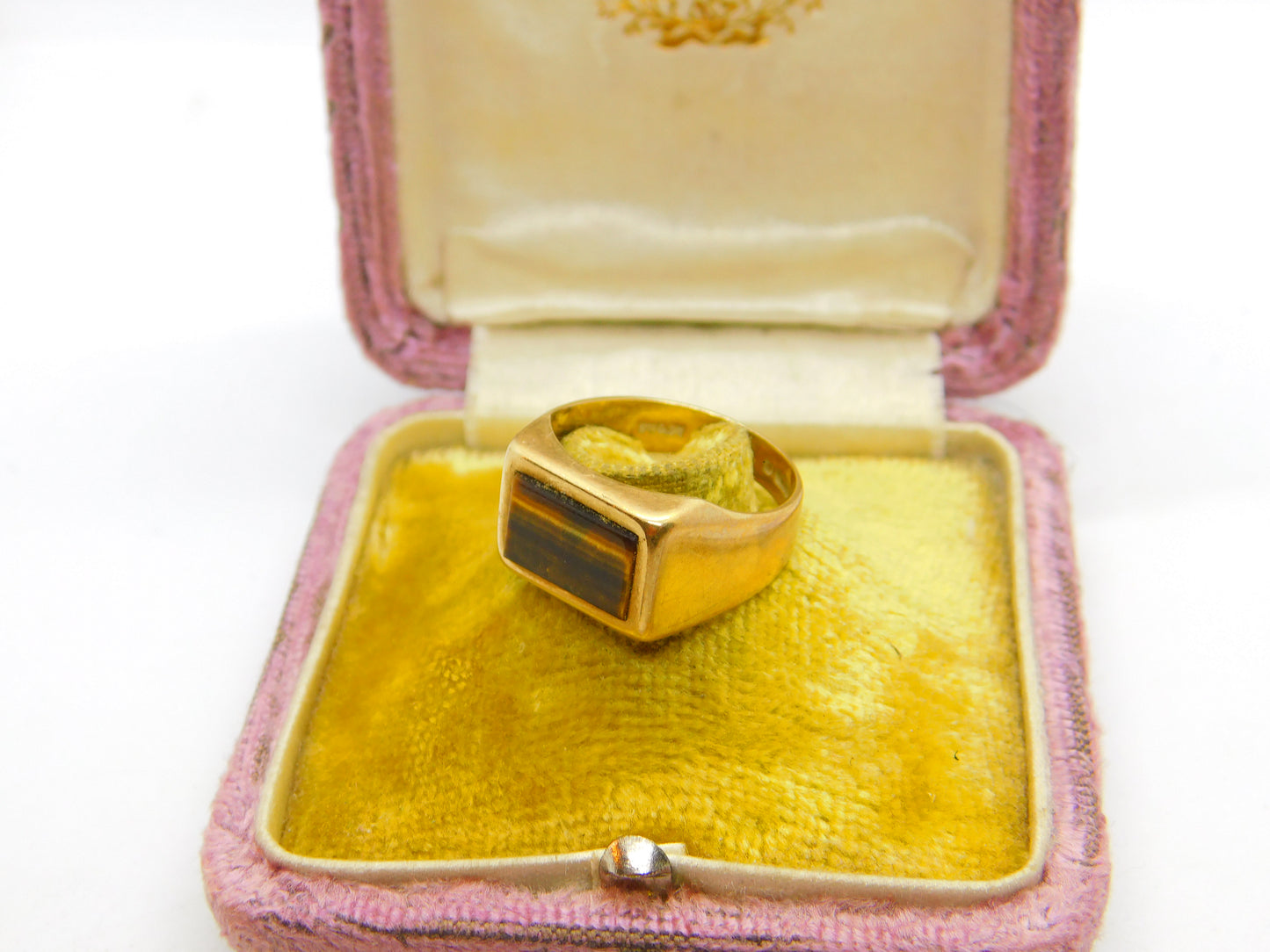 9ct Yellow Gold Modernist Tiger's Eye Set Signet Ring Vintage c1970