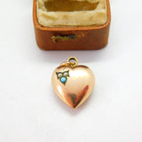 Victorian Rolled Gold, Seed Pearl & Turquoise Puffy Heart Pendant c1890 Antique