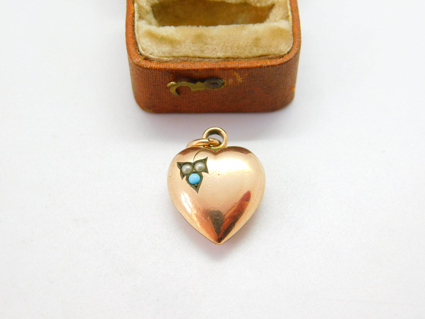 Victorian Rolled Gold, Seed Pearl & Turquoise Puffy Heart Pendant c1890 Antique