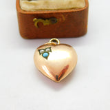 Victorian Rolled Gold, Seed Pearl & Turquoise Puffy Heart Pendant c1890 Antique