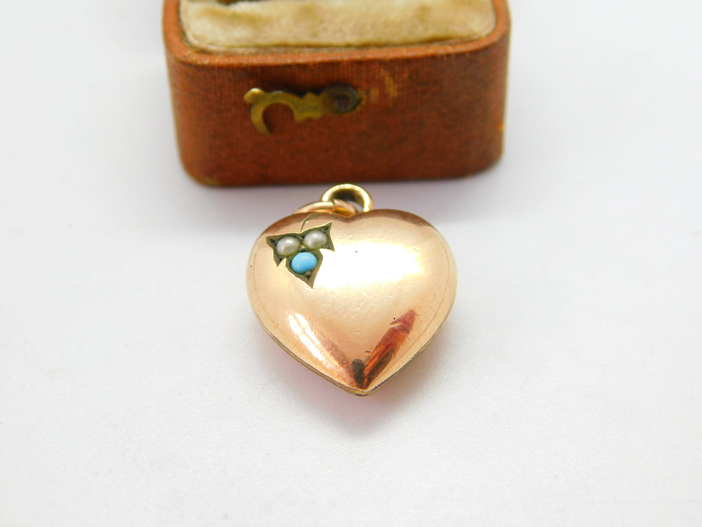 Victorian Rolled Gold, Seed Pearl & Turquoise Puffy Heart Pendant c1890 Antique