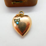 Victorian Rolled Gold, Seed Pearl & Turquoise Puffy Heart Pendant c1890 Antique