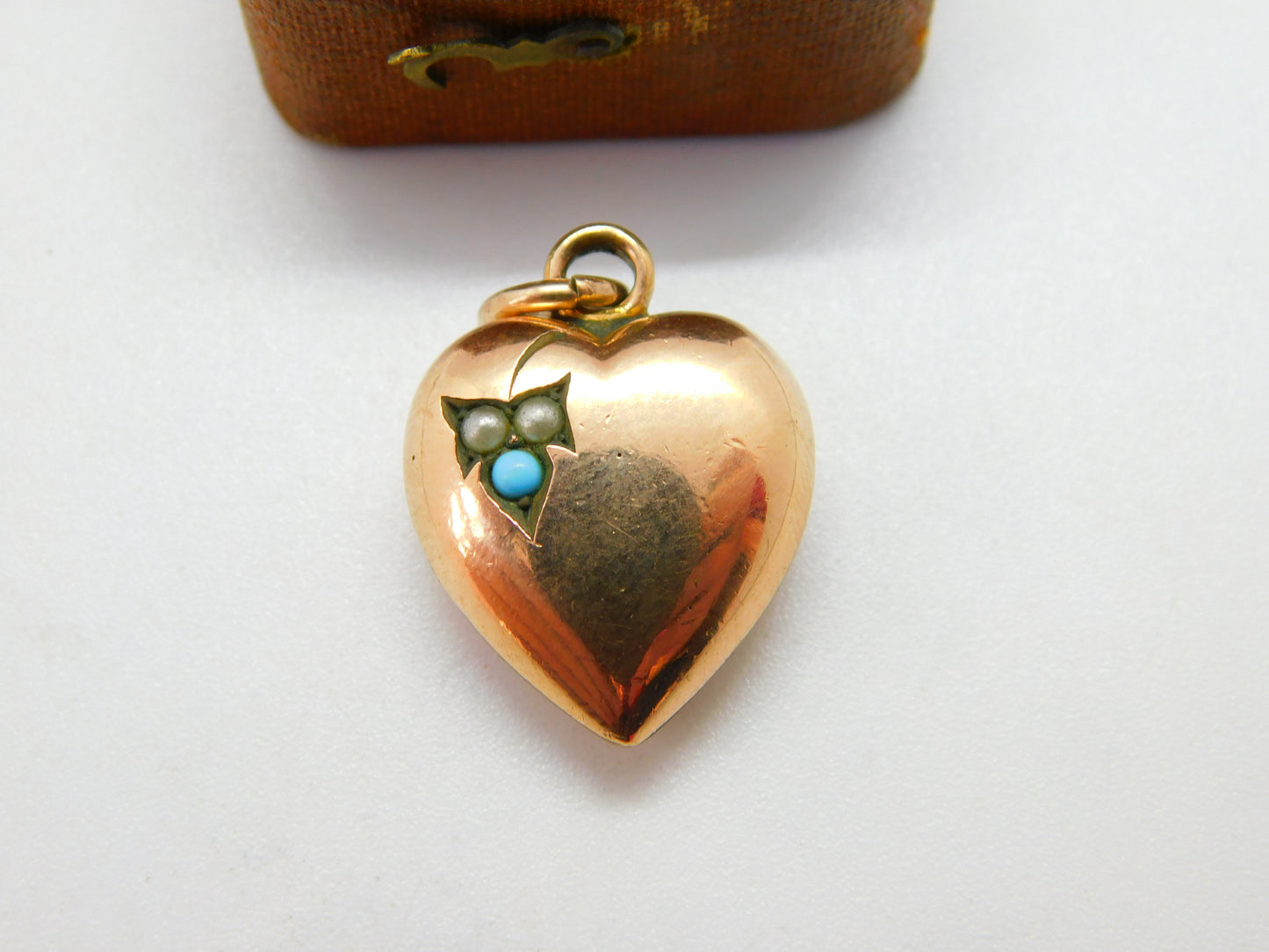 Victorian Rolled Gold, Seed Pearl & Turquoise Puffy Heart Pendant c1890 Antique