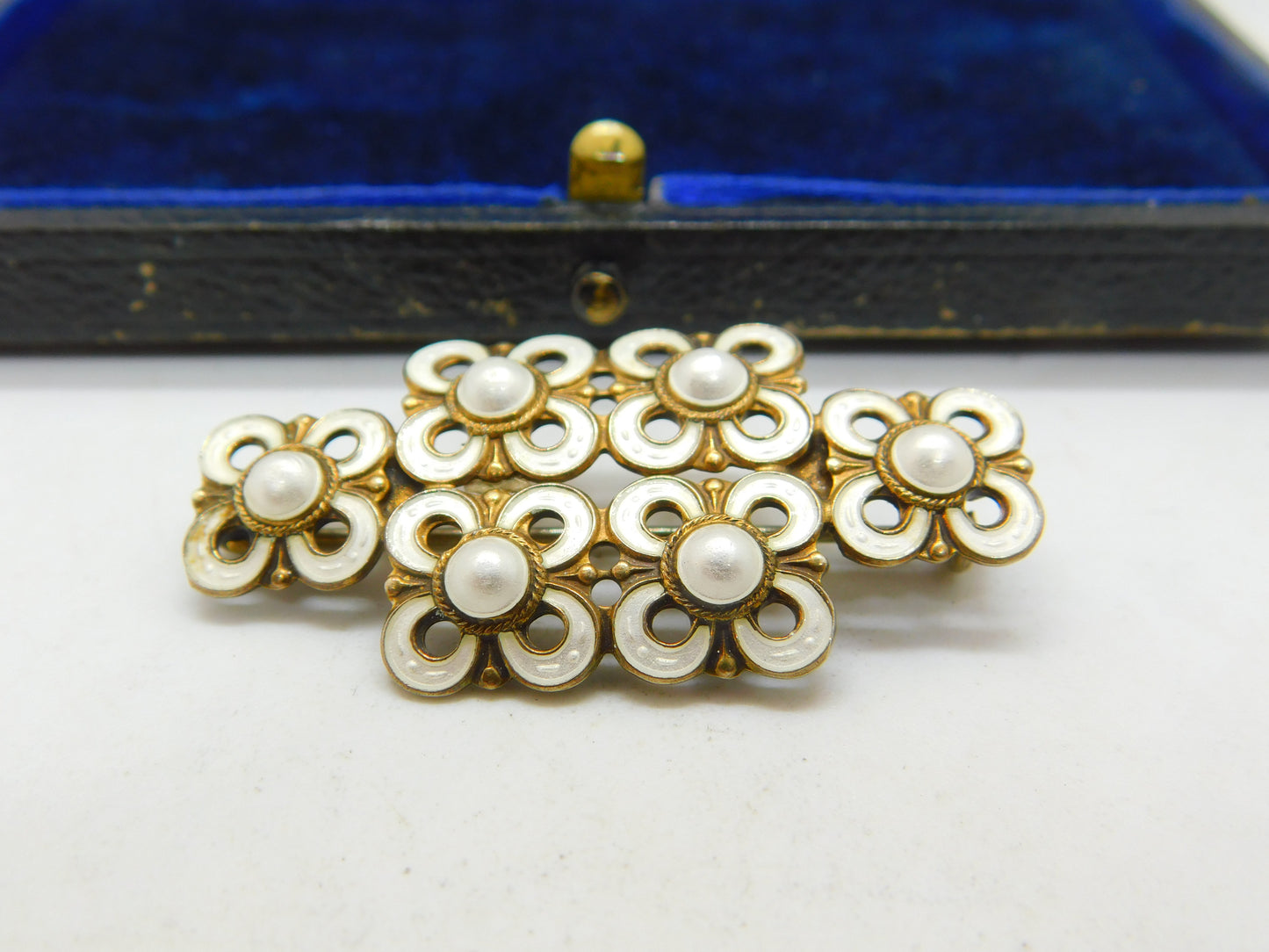 David Andersen Norwegian Sterling Silver Gilt & White Enamel Brooch Antique c1930