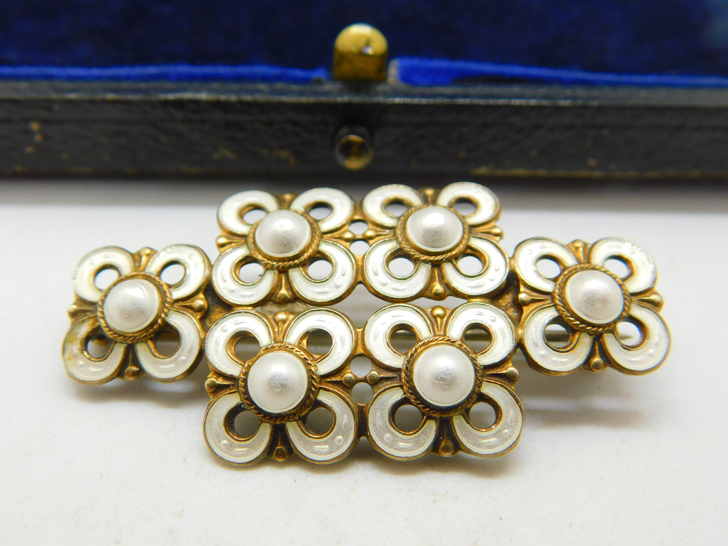 David Andersen Norwegian Sterling Silver Gilt & White Enamel Brooch Antique c1930