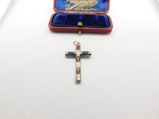 Edwardian Sterling Silver Bloodstone & Agate Cross Pendant Antique 1907 Chester