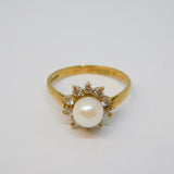 9ct Yellow Gold, Spinel & Pearl Set Floral Cluster Ring Vintage 1998 London