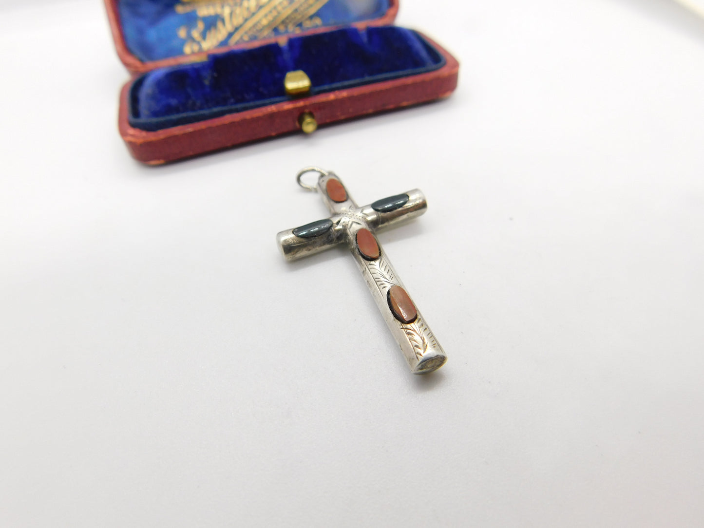 Edwardian Sterling Silver Bloodstone & Agate Cross Pendant Antique 1907 Chester