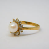 9ct Yellow Gold, Spinel & Pearl Set Floral Cluster Ring Vintage 1998 London