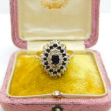 Large 9ct Yellow Gold Marquise Sapphire & Diamond Statement Ring c1930 Deco