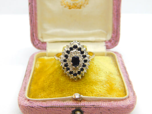 Large 9ct Yellow Gold Marquise Sapphire & Diamond Statement Ring c1930 Deco