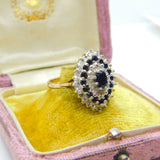 Large 9ct Yellow Gold Marquise Sapphire & Diamond Statement Ring c1930 Deco