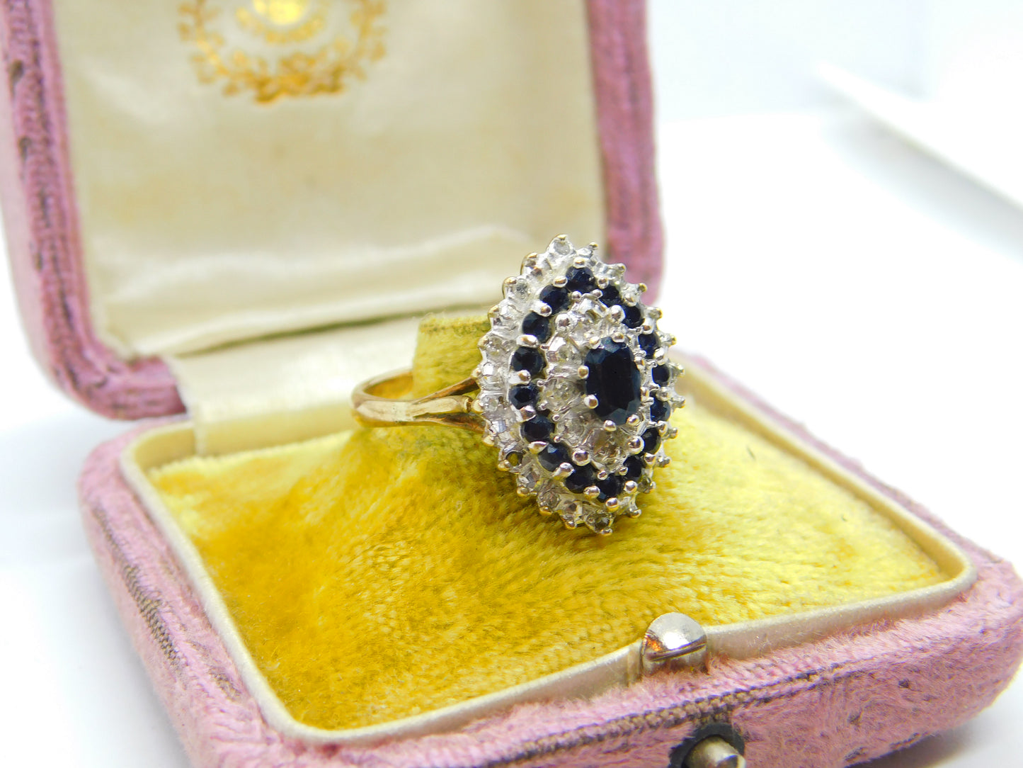 Large 9ct Yellow Gold Marquise Sapphire & Diamond Statement Ring c1930 Deco