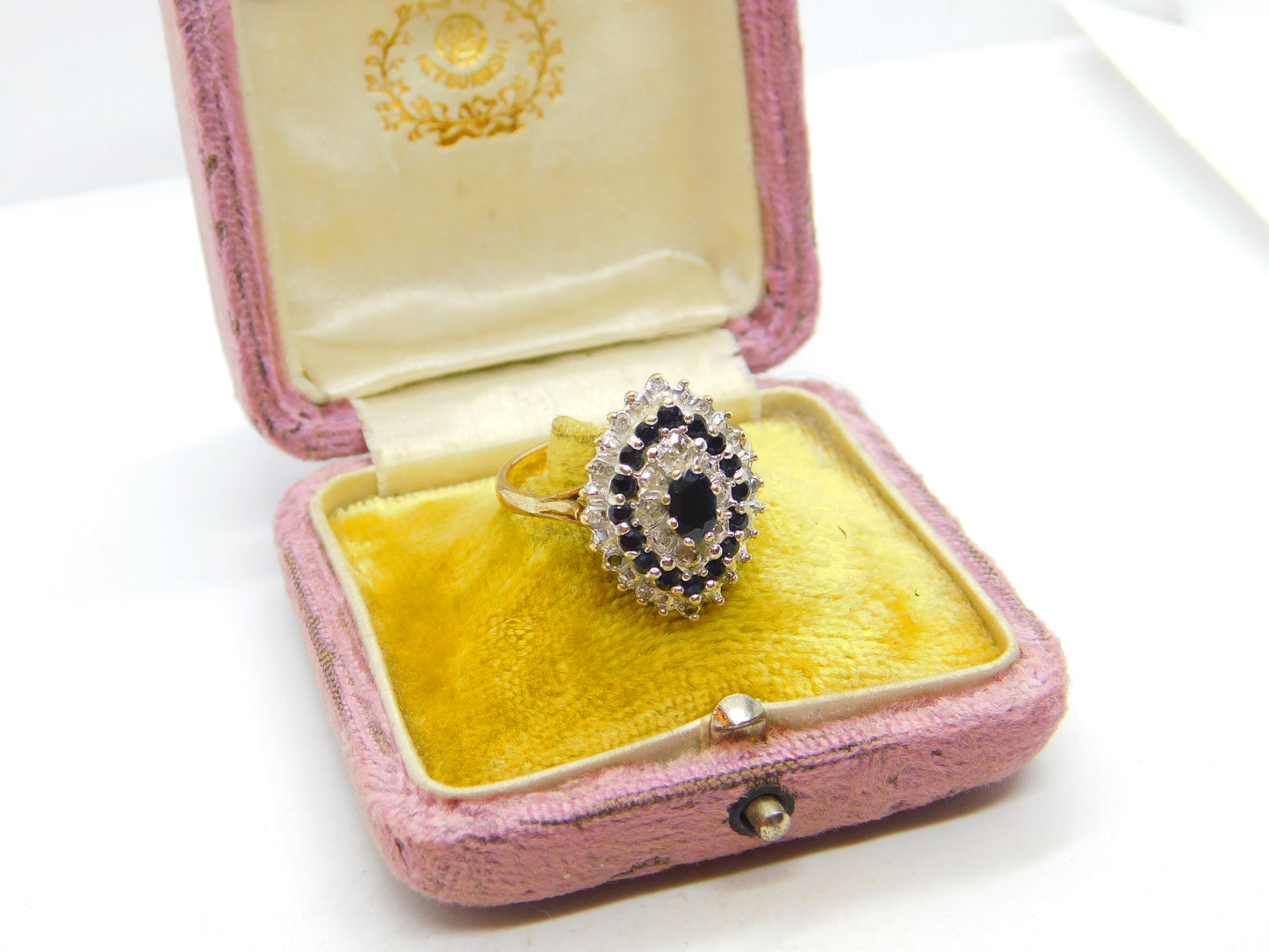 Large 9ct Yellow Gold Marquise Sapphire & Diamond Statement Ring c1930 Deco