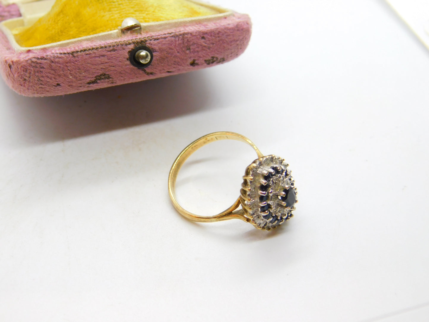 Large 9ct Yellow Gold Marquise Sapphire & Diamond Statement Ring c1930 Deco