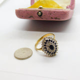 Large 9ct Yellow Gold Marquise Sapphire & Diamond Statement Ring c1930 Deco