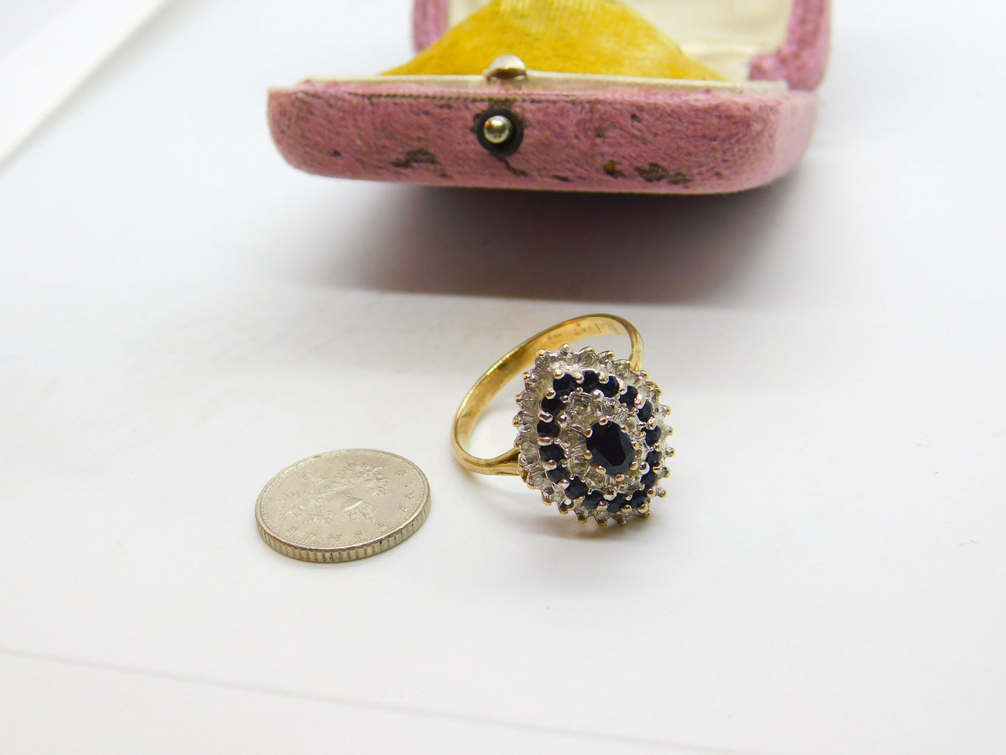 Large 9ct Yellow Gold Marquise Sapphire & Diamond Statement Ring c1930 Deco