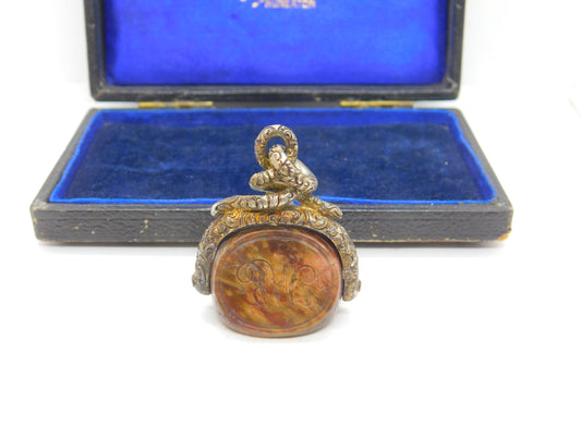 Victorian Snake Pinchbeck Gold & Fire Agate Intaglio Spinner Fob Antique c1860