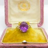 9ct Yellow Gold, Purple Amethyst & Paste Set Band Ring Vintage 1982 Sheffield
