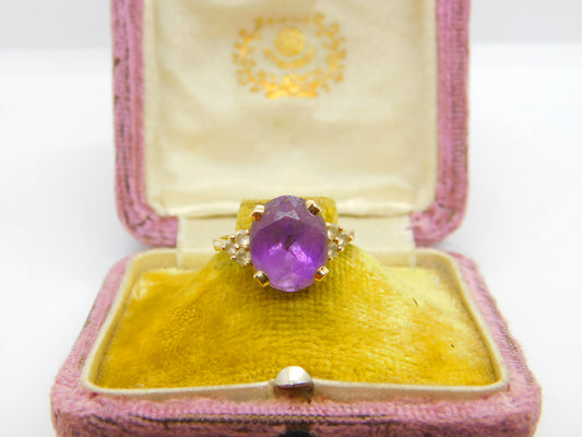 9ct Yellow Gold, Purple Amethyst & Paste Set Band Ring Vintage 1982 Sheffield