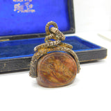 Victorian Snake Pinchbeck Gold & Fire Agate Intaglio Spinner Fob Antique c1860