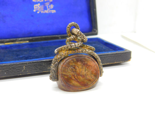 Victorian Snake Pinchbeck Gold & Fire Agate Intaglio Spinner Fob Antique c1860