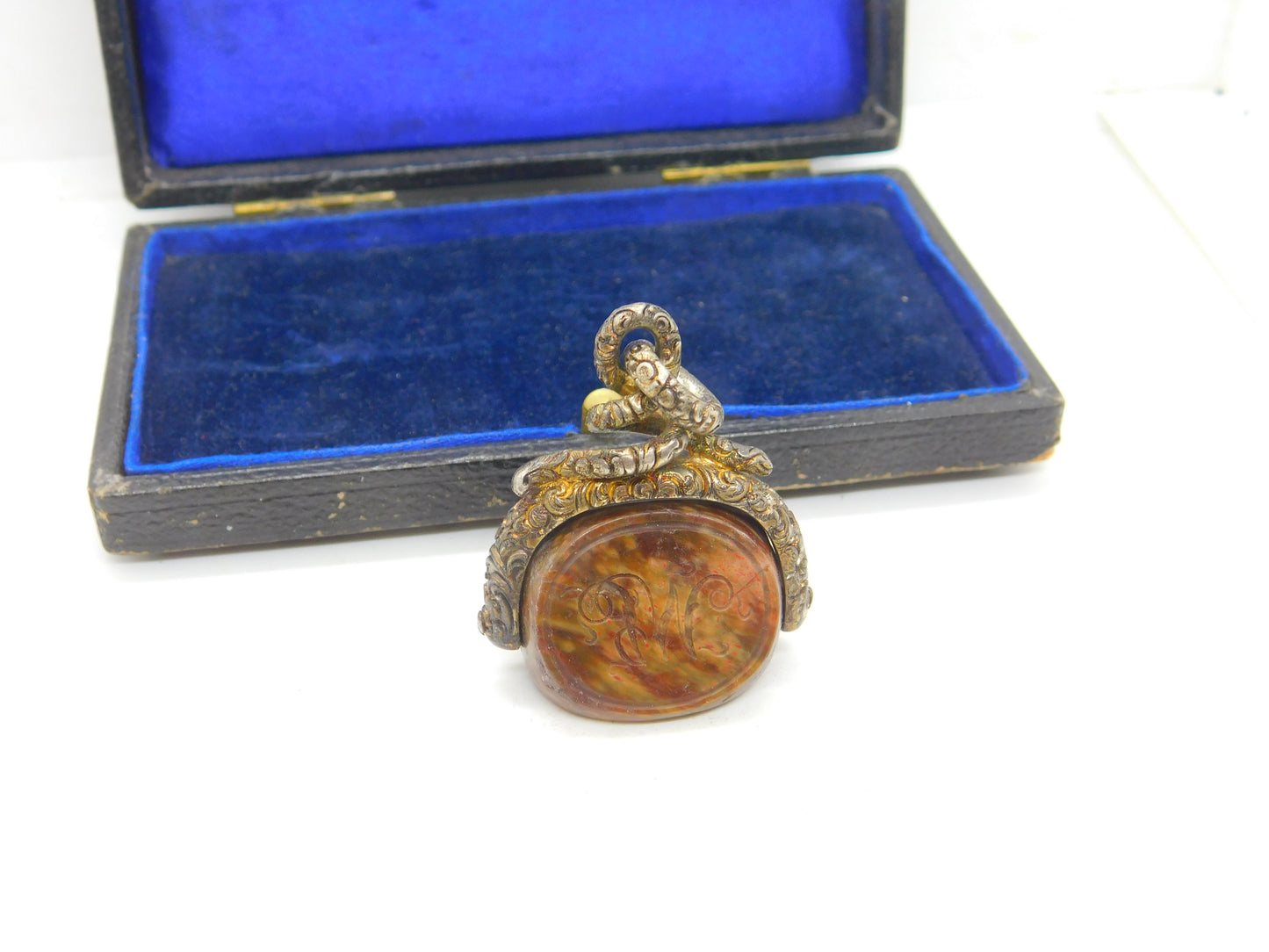 Victorian Snake Pinchbeck Gold & Fire Agate Intaglio Spinner Fob Antique c1860