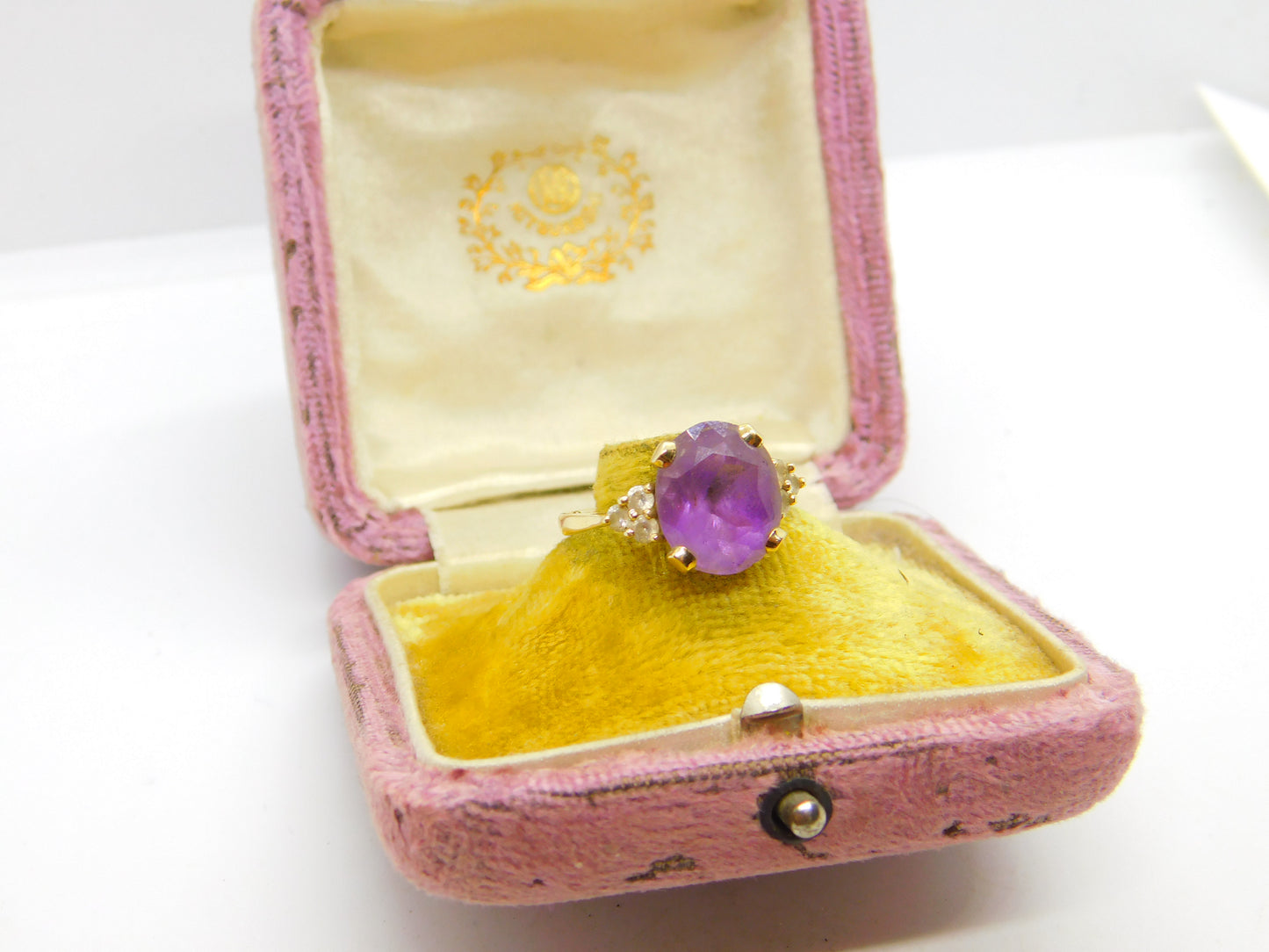 9ct Yellow Gold, Purple Amethyst & Paste Set Band Ring Vintage 1982 Sheffield