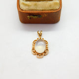 9ct Yellow Gold Floral Pattern Cabochon Moonstone Drop Pendant Vintage c1980